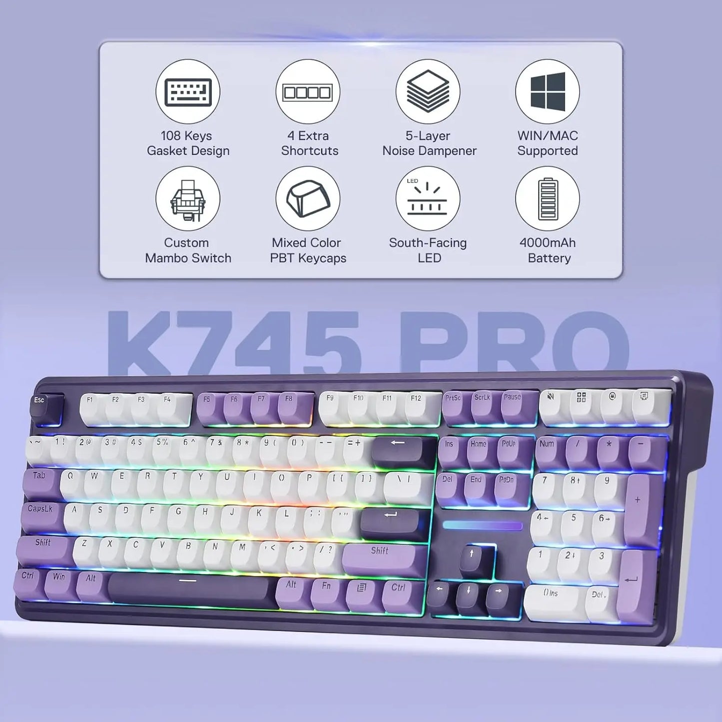 Redragon K745 PRO Wireless Gasket RGB Gaming 108 Keys Mechanical Keyboard,Hot-Swap South-Facing LED Socket,Charming Purple