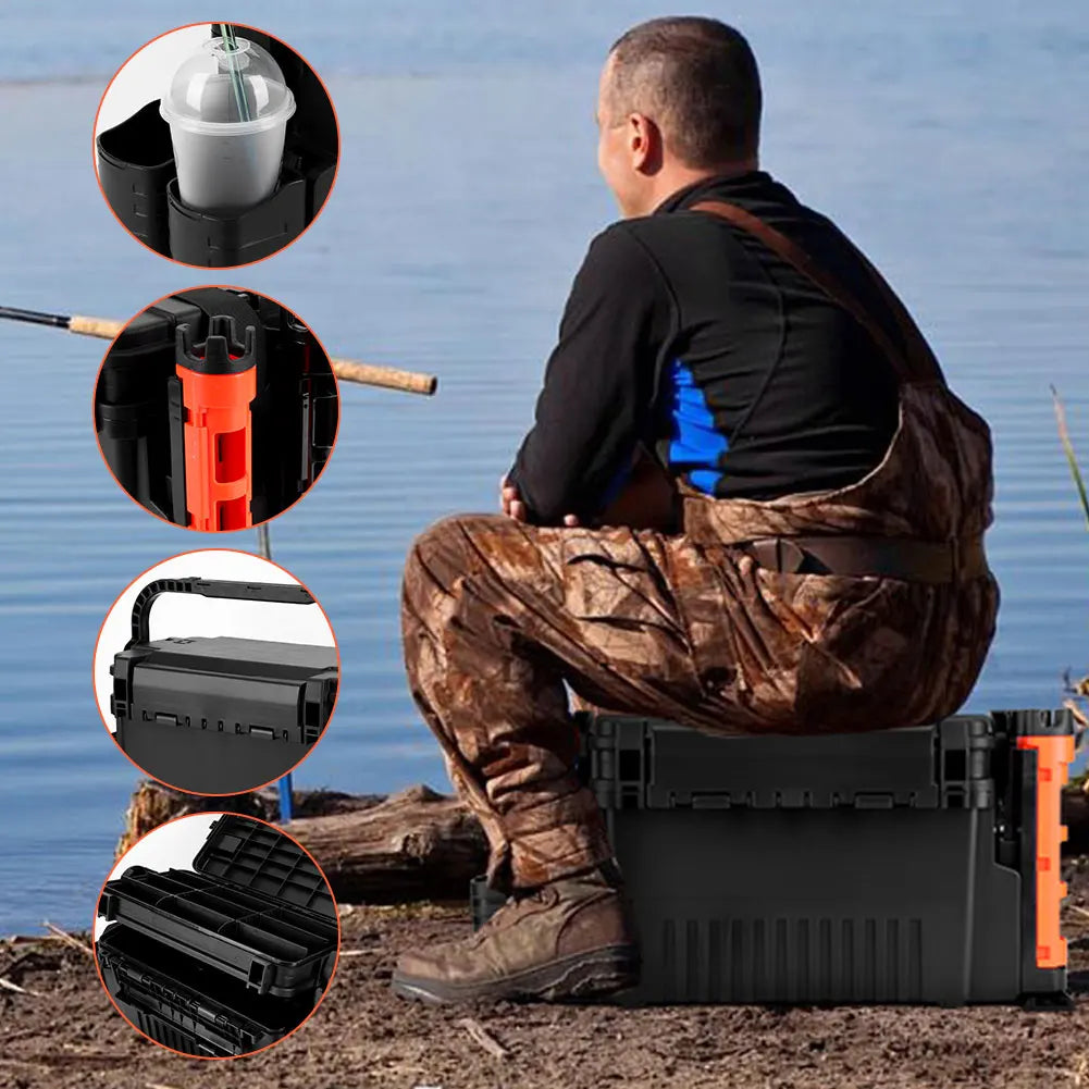 2 Tier Fishing Tackle Box Fishing Gear Box with Cup & Rod Holder Fishing Gear Carry Case Fishing Tool Box Fishing Accessories