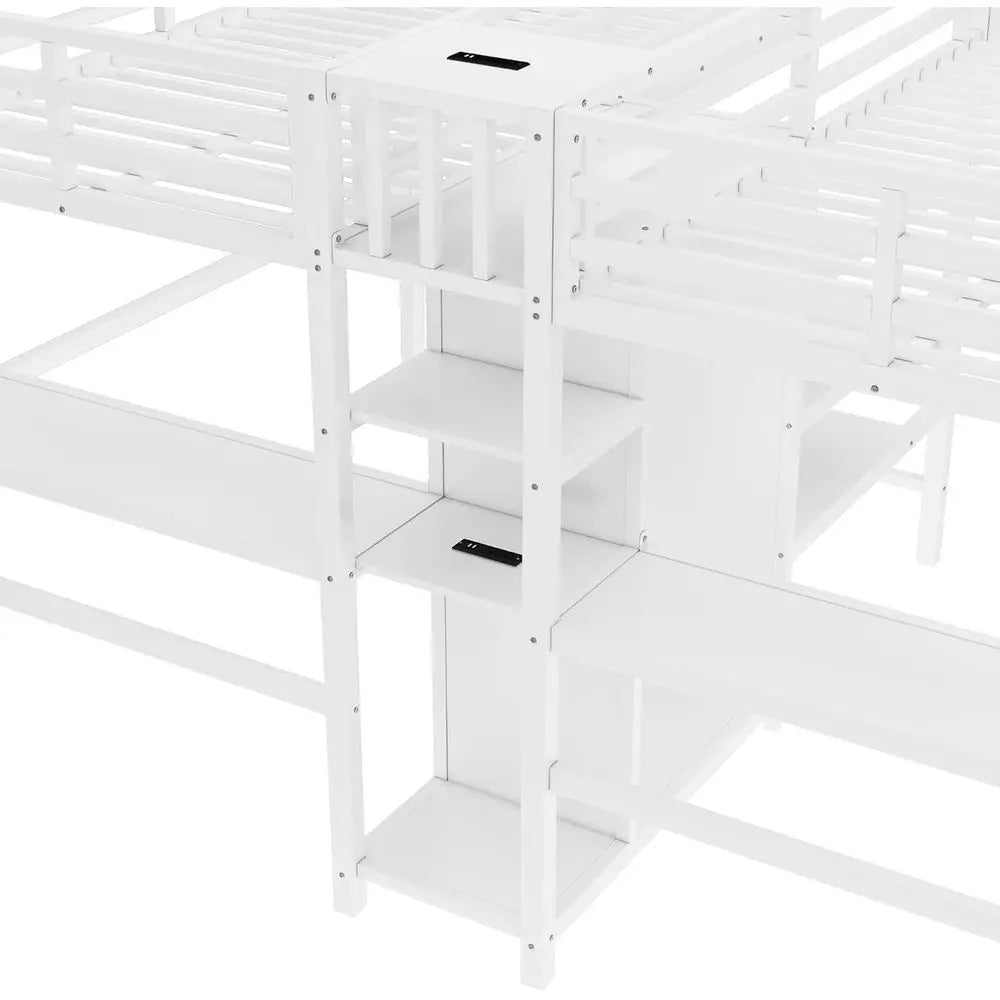 Twin Size Metal Bunk Bed with Desk, Charging Station, Wardrobe, and Storage Shelves, White