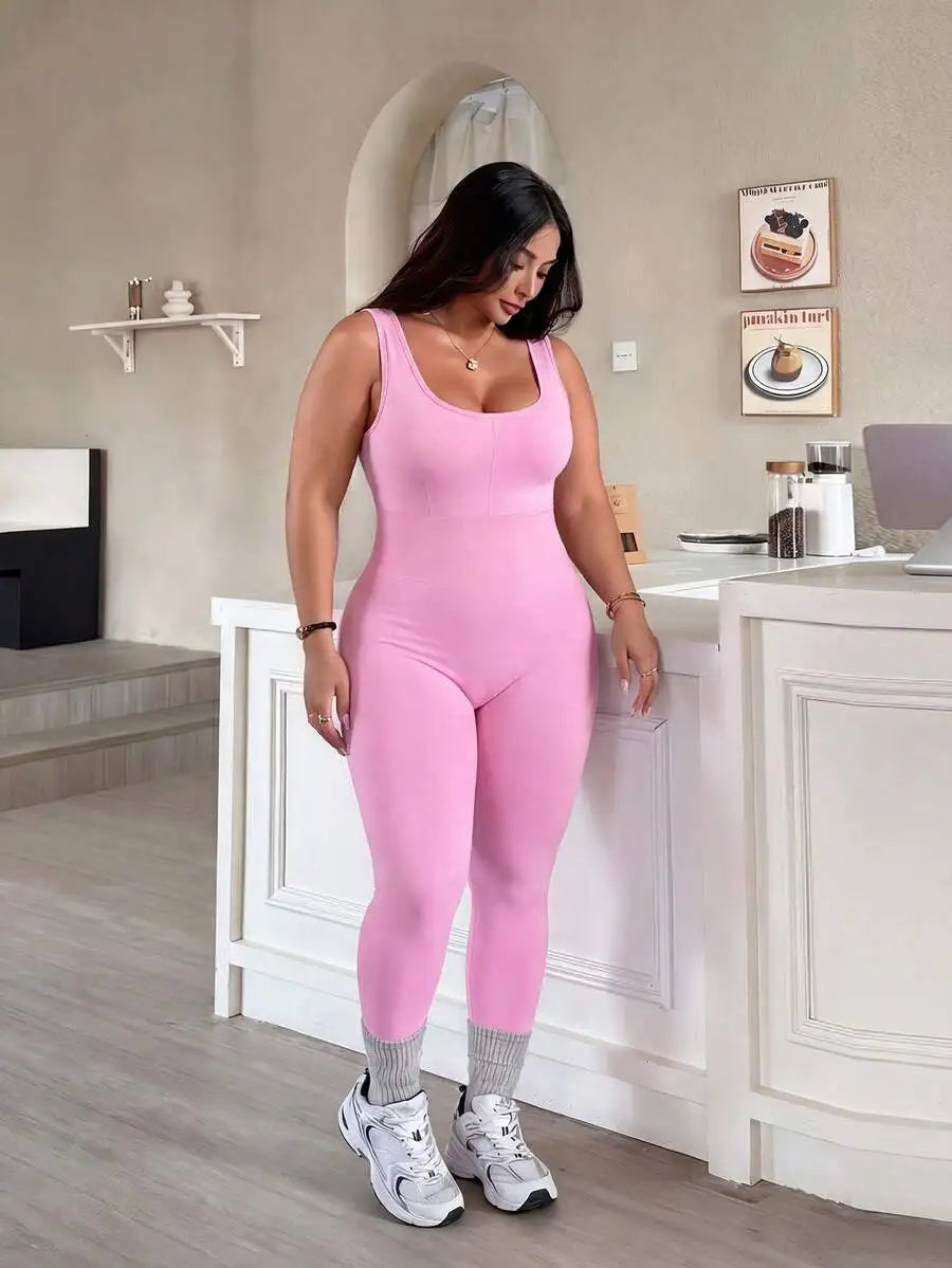 Rhythm Era 1pc Plus Size Black Backless Jumpsuit, Comfortable Stretchy Seamless Knit Yoga & Fitness Activewear