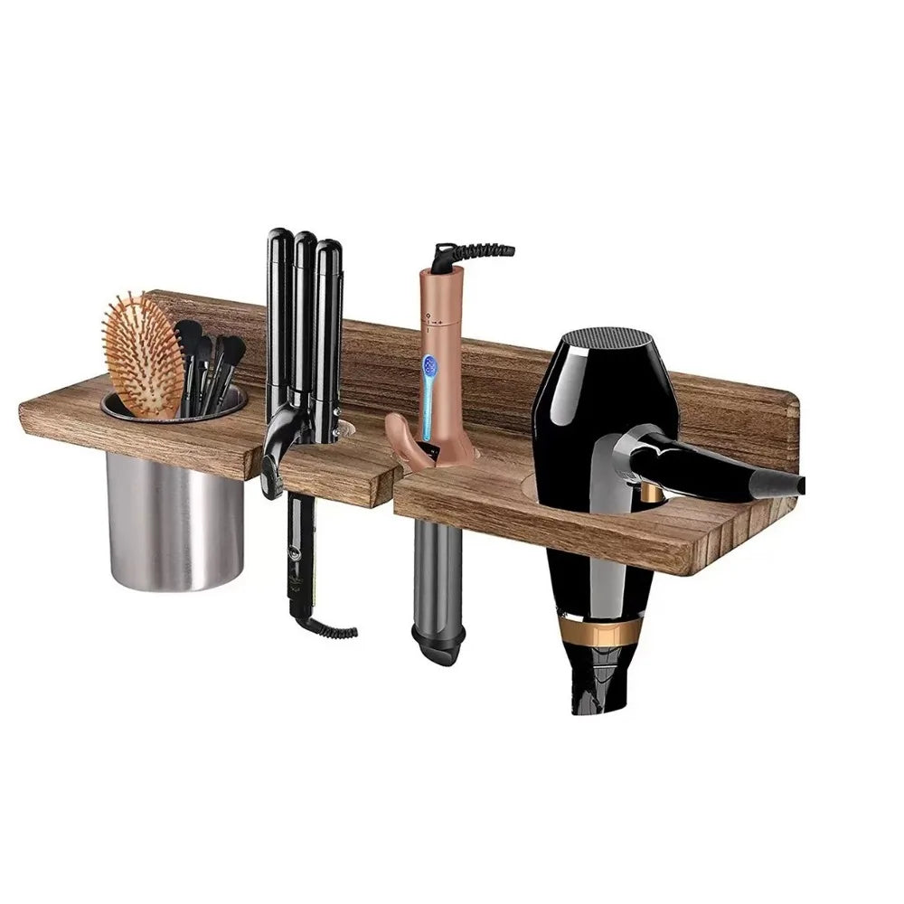 Vintage Wooden Hair Dryer Holder Wall-Mounted Space Saving Hair Straightener Holder Stylish Toilet Blower Holder Curling Irons