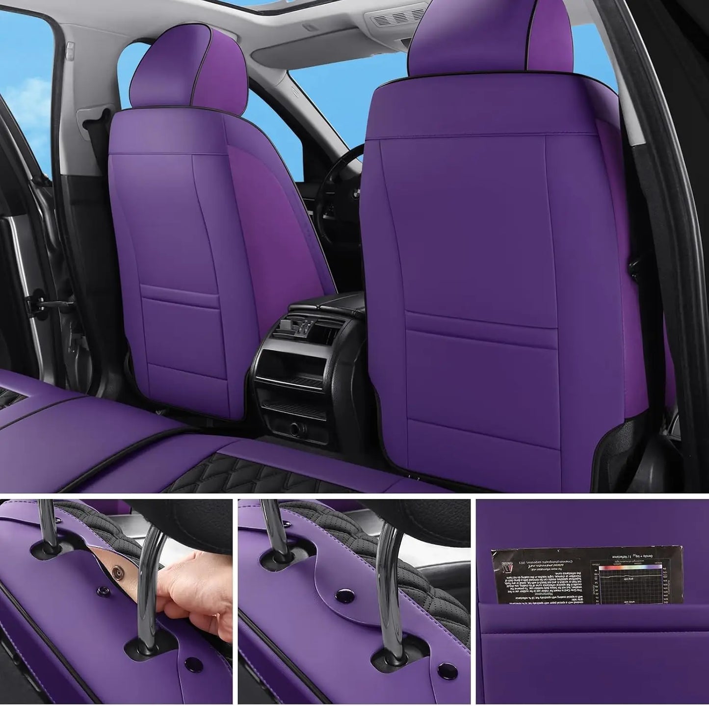 Universal Car Seat Covers Set, Purple Black Faux Leather Waterproof Non-Slip Protector for Most Vehicles