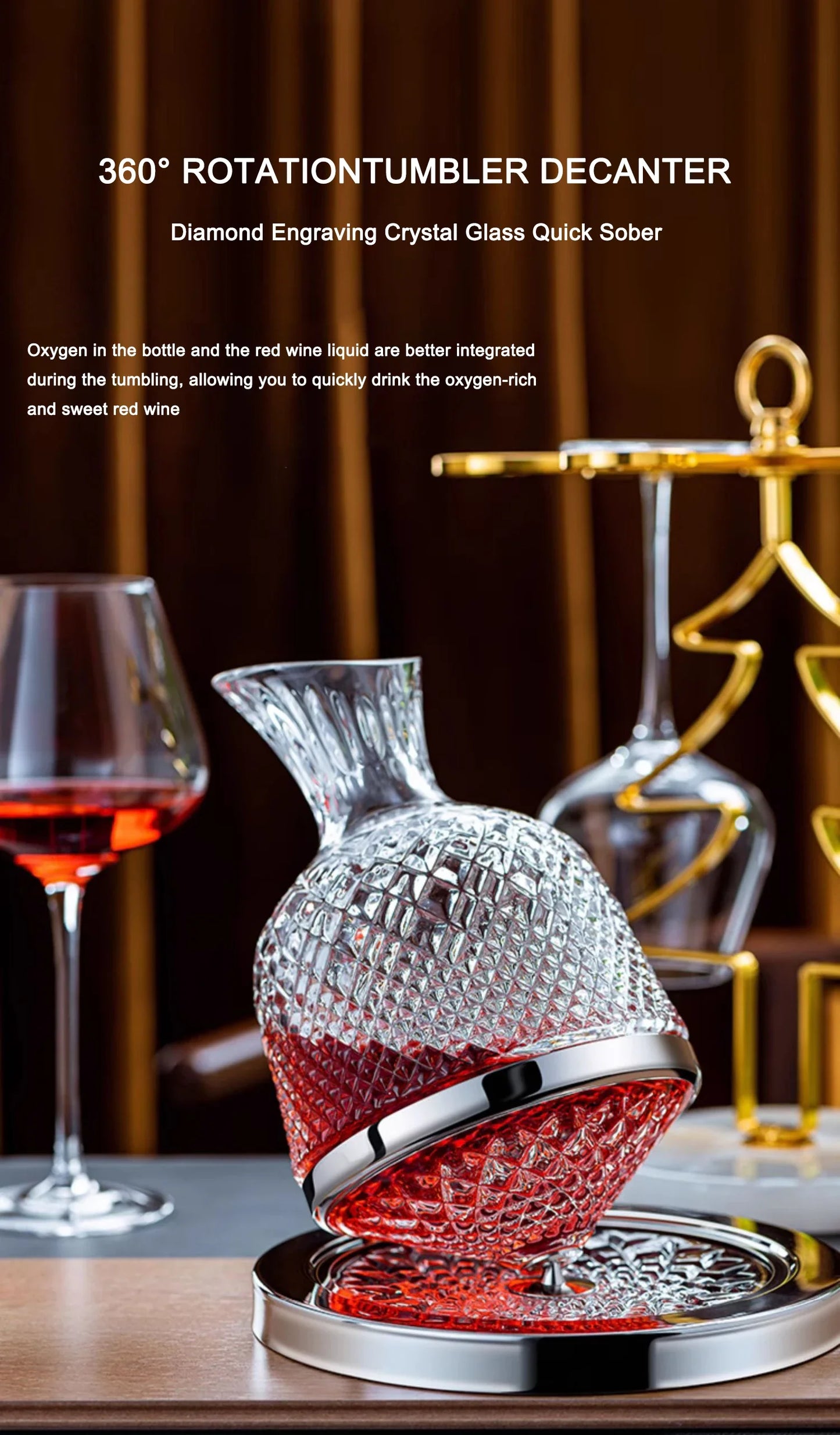 Spinning Crystal Red Wine Decanter, 360 ° Rotating Decanters, Lead-free Glass, Wine Accessories, 1500ml