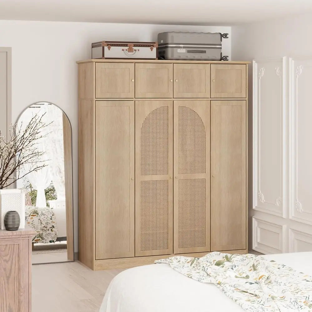 70.87 Tall Rattan Wooden Wardrobe with Hanging Rod and Adjustable Shelves, Natural