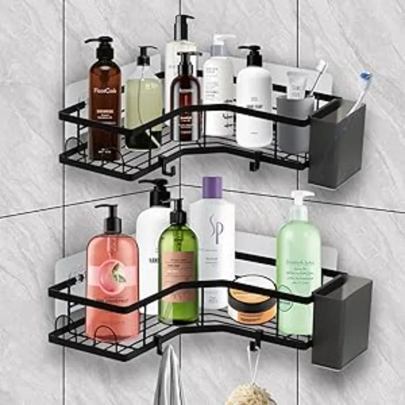 Adhesive Corner Shower Caddy With Hooks Stainless Steel