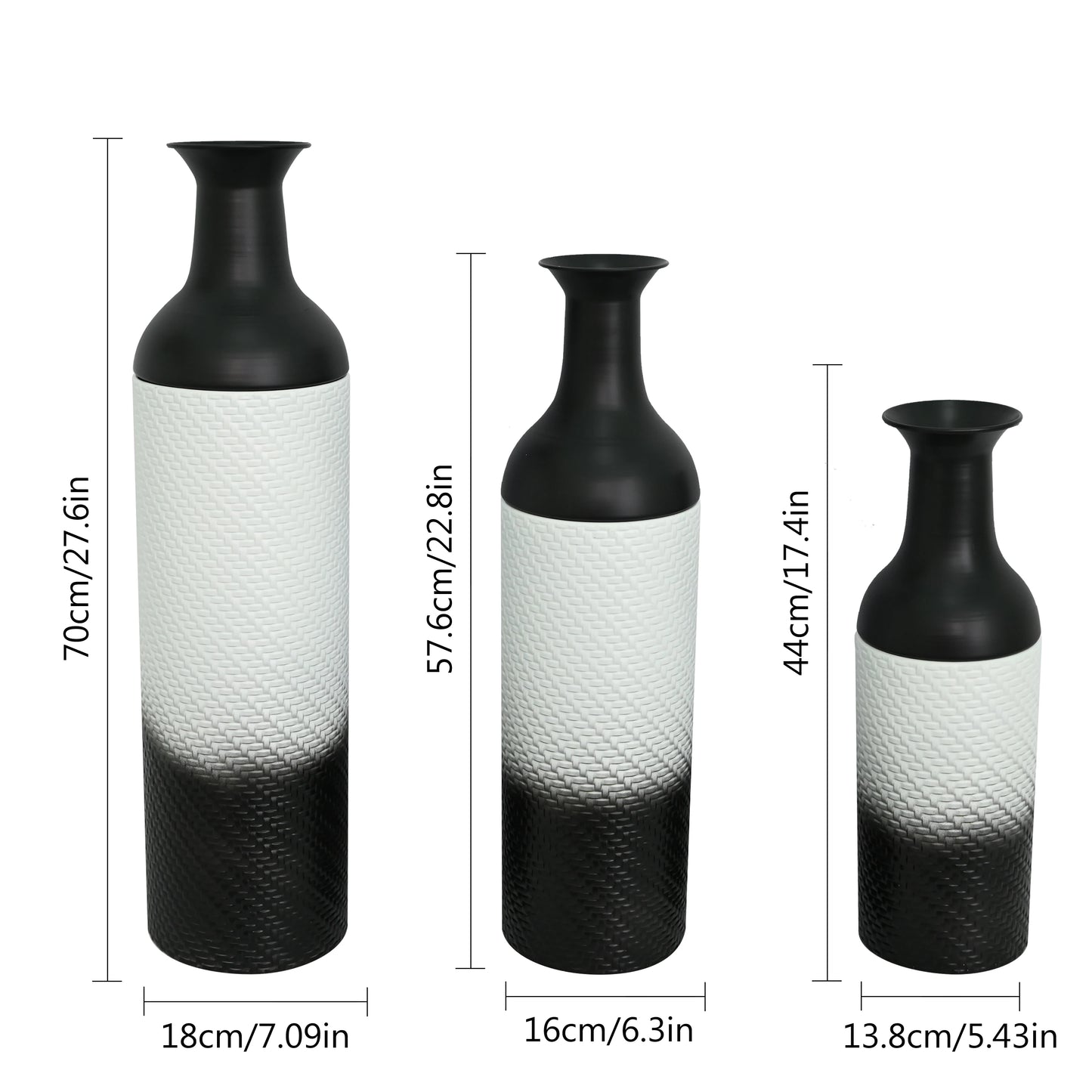 3-Tier Metal Floor Vases Set, Black & White Leaf Pattern Tall Vases, Modern Art Home Decor for Living Room Entryway