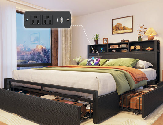 EnHomee Full/Queen/King Bed Frame with 6 Storage Drawers & Charging Station Metal Platform Bed Frame with Bookcase Headboard,No Noise