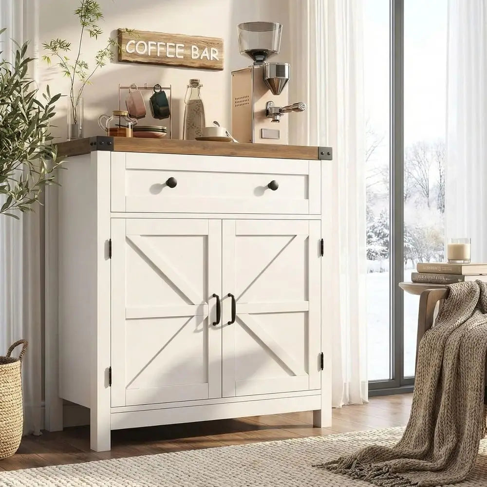 White Barn Door Accent Cabinet for Kitchen, Dining, and Entryway Storage with Drawer and Adjustable Shelves