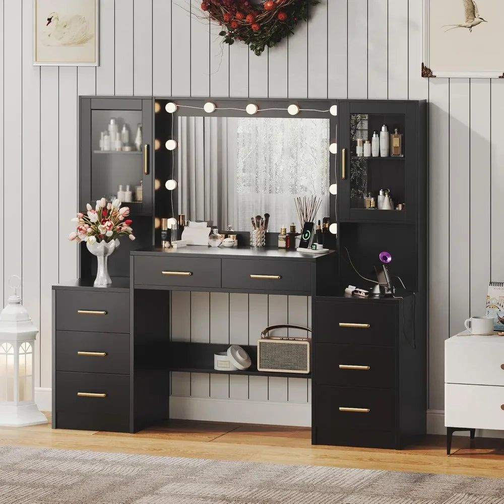 Black Vanity Desk with Mirror, Lights & Charging Station, 58.3" Makeup Table with 8 Drawers and Storage