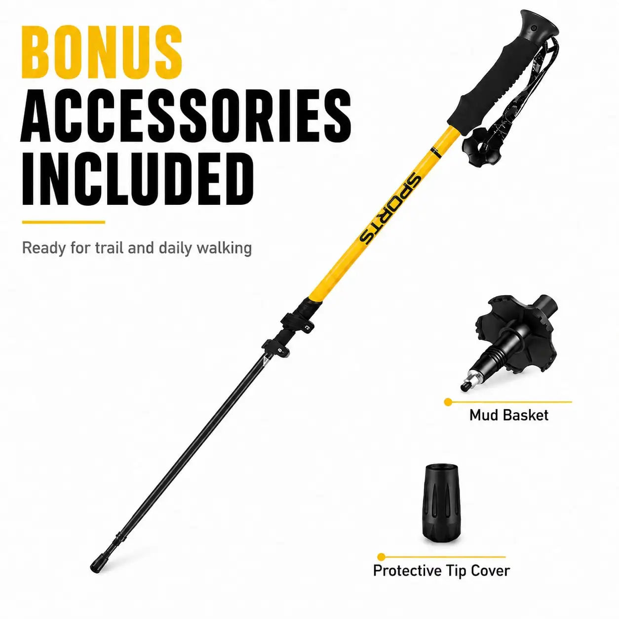Carbon Fiber Trekking Pole, Adjustable 25–53 In / 63–135 Cm Lightweight Hiking Walking Stick, 225g Collapsible Trekking Staff With EVA Grip, Wrist Strap, Mud Basket & Tip Cover, Yellow, 1PCS