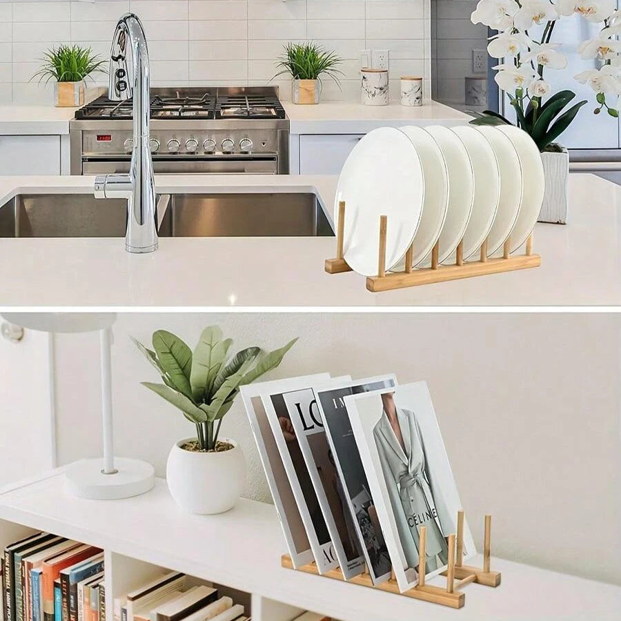 1/2pcs Bamboo Dish Plate Bowl Cup Book Pot Lid Cutting Board Drying Rack Stand Drainer Storage Holder Organizer Kitchen