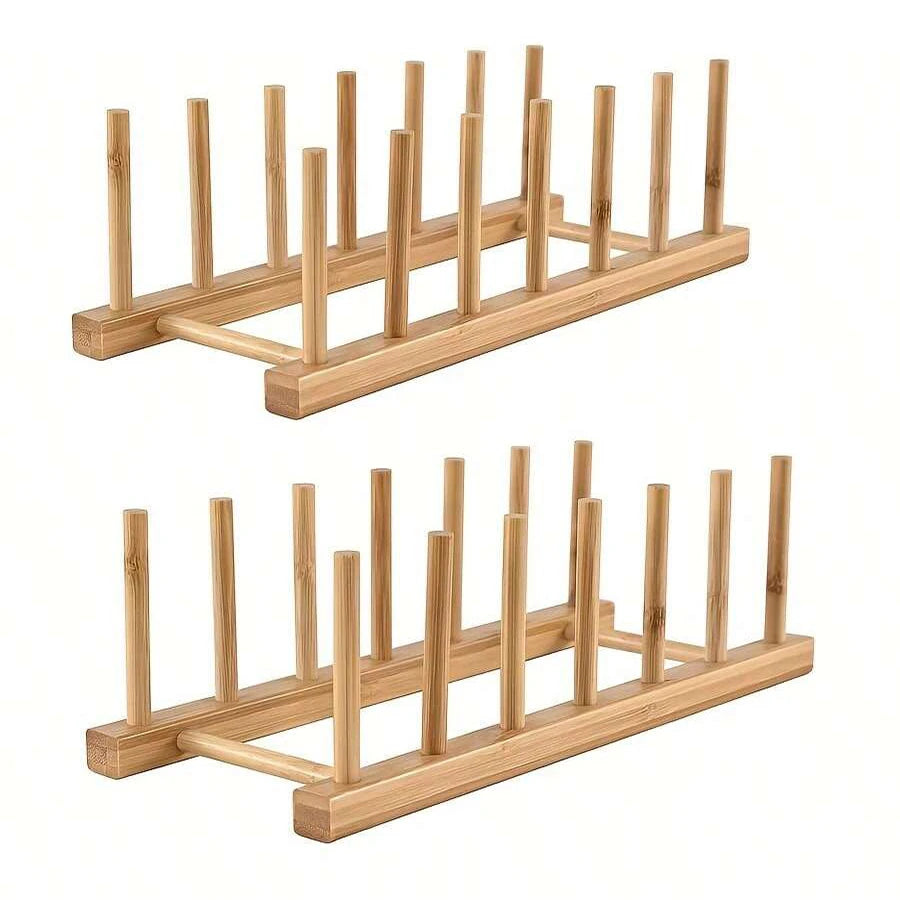 1/2pcs Bamboo Dish Plate Bowl Cup Book Pot Lid Cutting Board Drying Rack Stand Drainer Storage Holder Organizer Kitchen