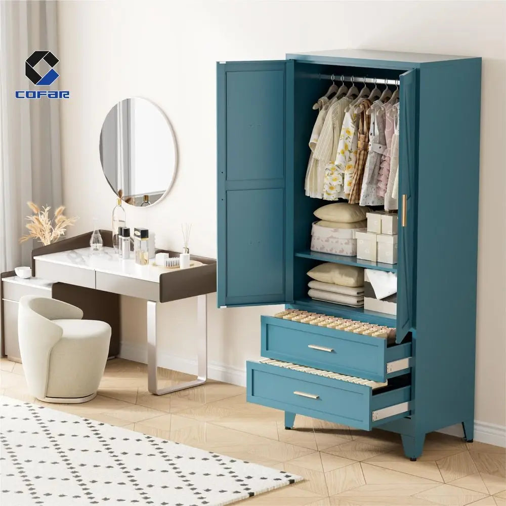 Armoire Wardrobe Closet with Drawers amp Hanging Rod, 71 Metal Wardrobe Closet with Doors amp Adjustable Shelf, Farmhouse Wardr