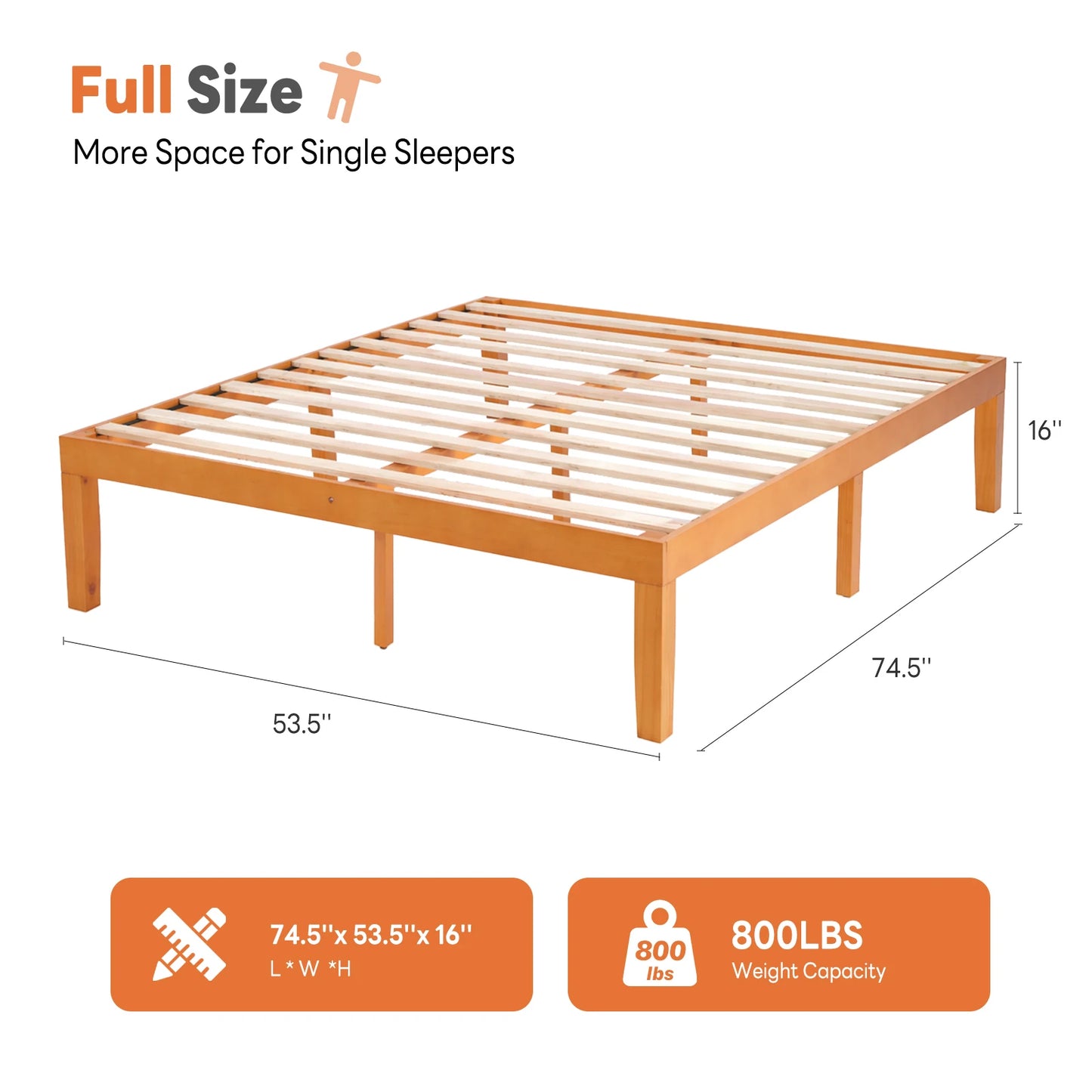 MCQ 16 Inch Thick Solid Wood Bed Frame 700 lbs Capacity Platform Bedframe with Wooden Slats Support Noise-Free No Box Spring Needed Easy Assembly