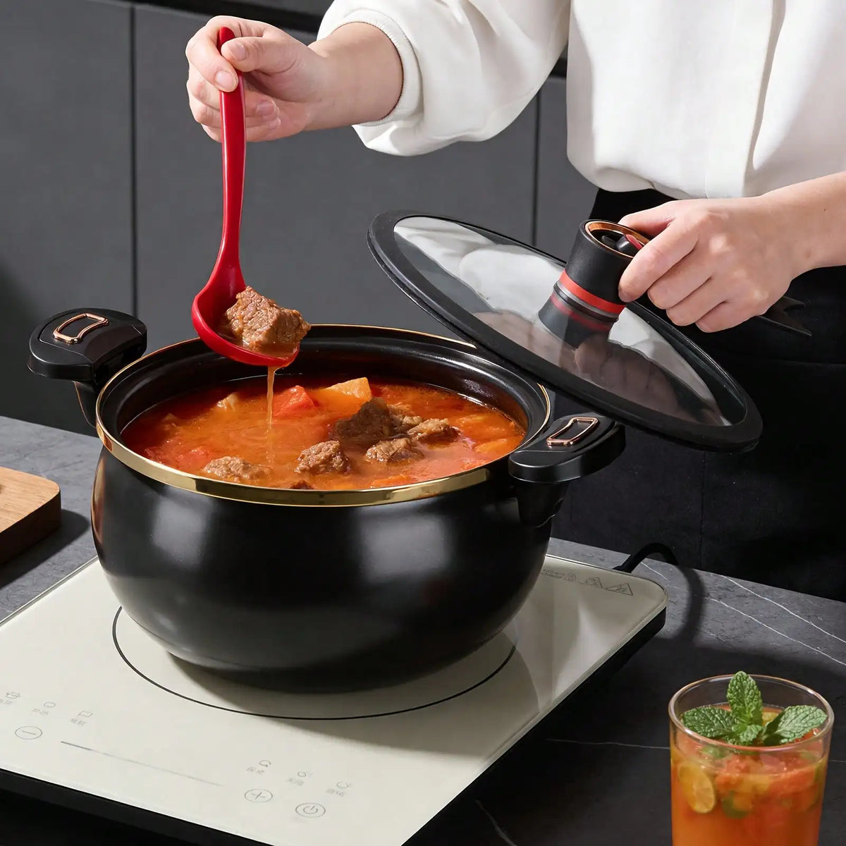 1Pc Large 8.45QT Non-Stick Stew Pot, Twist Lock Handle & Attached Soup Spoon, Fast Heating Cooking Pot, Compatible With Gas/Open Flame/Induction, Home/Hotel/Fast Food Shop, Mother's Day