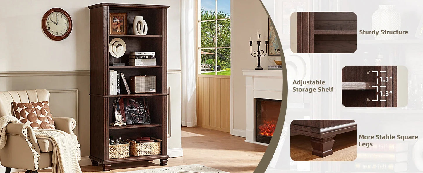 SAVOR LIFE 70" Tall Walnut Bookshelf,5 Tier Wooden Book Shelf with Adjustable Shelves & Wood Legs,Free Standing Farmhouse