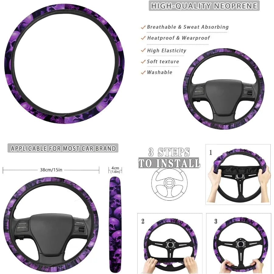 Skull Printed Car Seat Covers 12 Piece Set for Easy Installation with Breathable Steering Wheel Cover and Armrest Pad Cover Ide