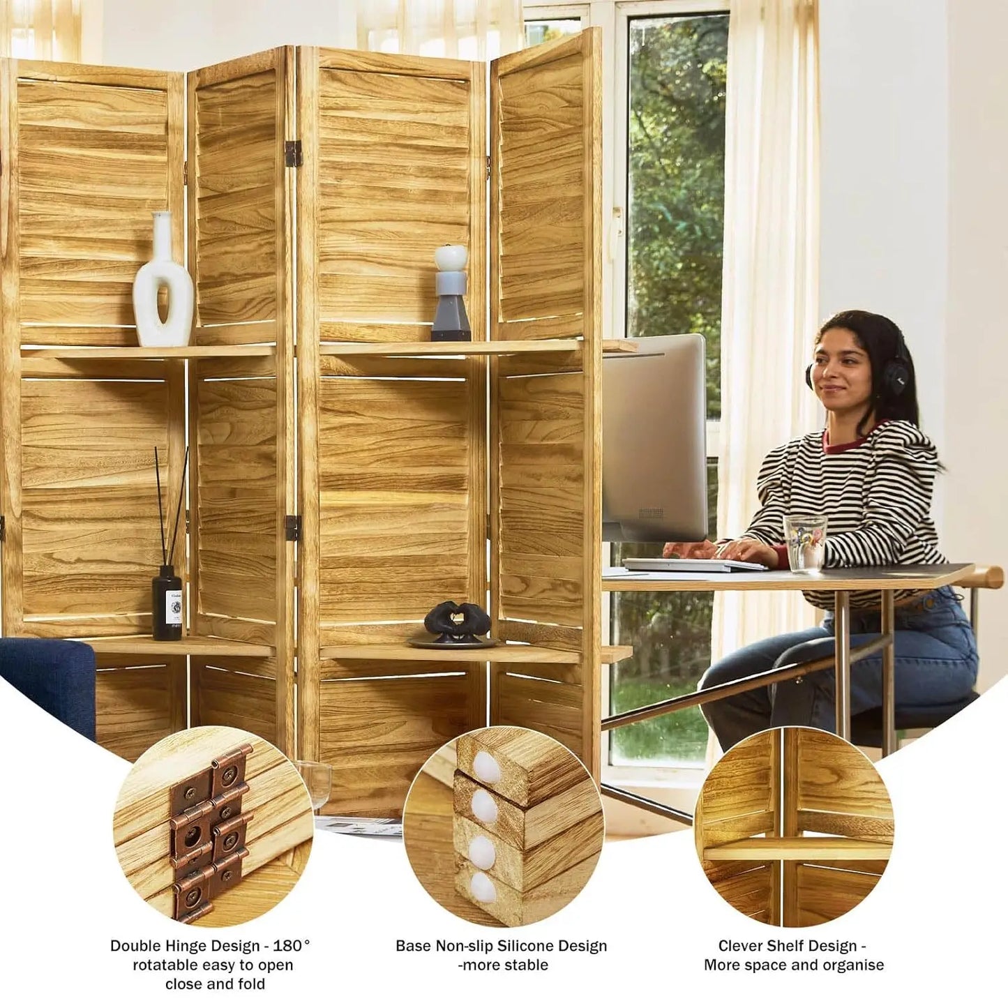 Partition Room Dividers, 67 * 51inch Folding Wood Privacy Screen with Three Display Shelves Suitable for Home, Customized