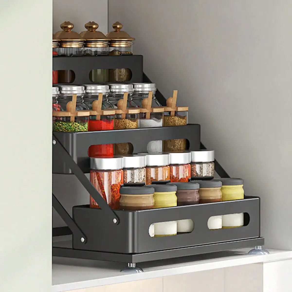 3 Tier Spice Rack Organizer Modern Black Metal Foldable Countertop Seasoning Storage Shelf Space Saving Kitchen Cabinet Organizer Rack With Protection Guardrails For Pantry Dining Table Housewarming Gift
