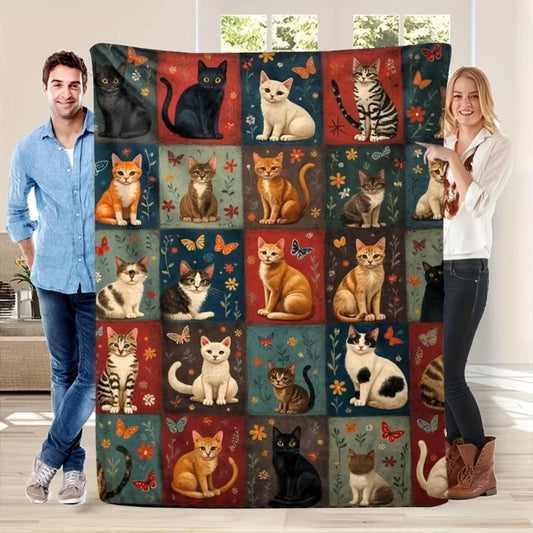 Patchwork Cat and Floral Tiger Print Blanket All Season