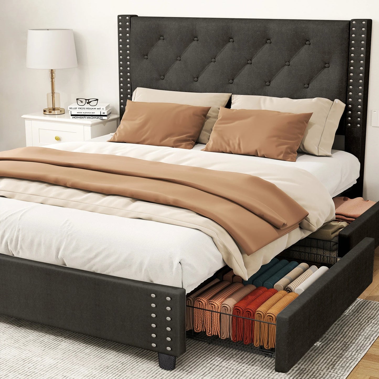 81.50×55.12×48.43inch Full Size Bed Frame w Upholstered Button Tufted Headboard Wood Slat Support Metal Platform Bed Frame