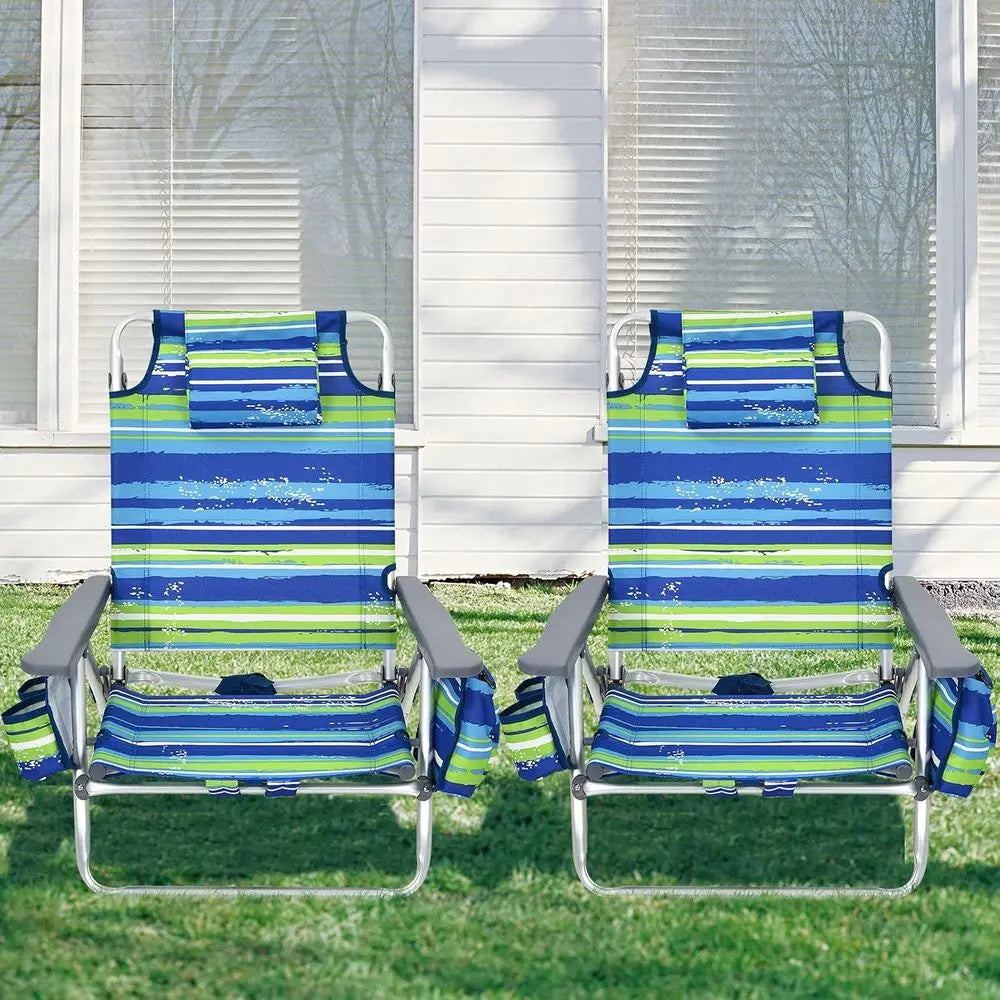 Adjustable Position Beach Chair with Pillow, Storage, Towel Bar, Cup Holders, and Backpack for Outdoor Camping