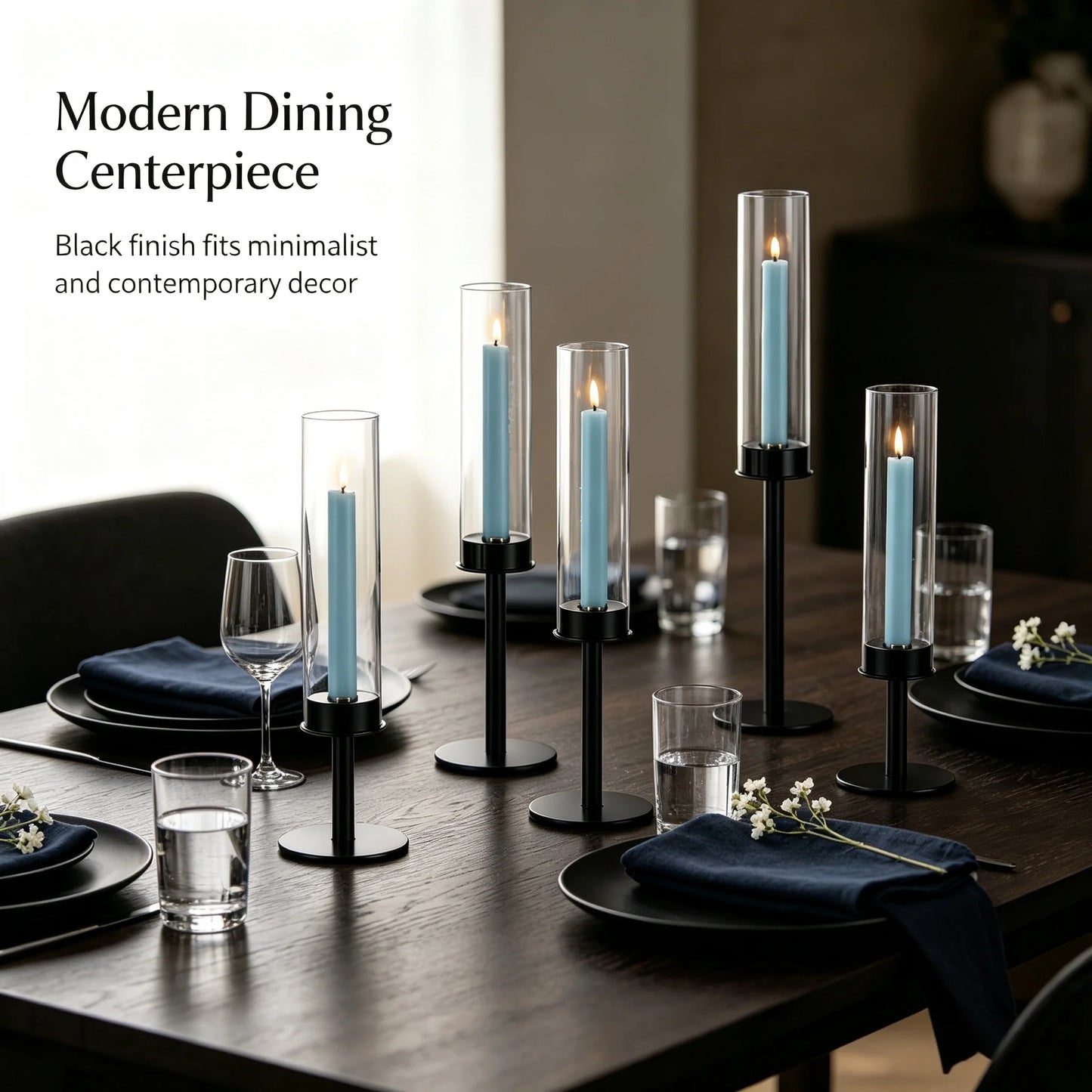 3pcs Black Minimalist Hurricane Candle Holder Set with Stable Base Modern Table Ornament for Dining Table Wedding Indoor Decorat
