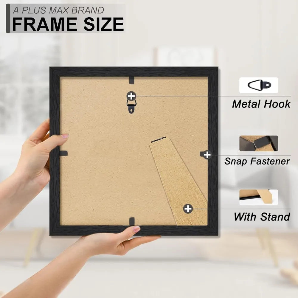 Modern Square 8"X8" Photo Frame, Light‑Weight Textured Black Engineered Wood Wall Hanging Frame with HD Clear Cover