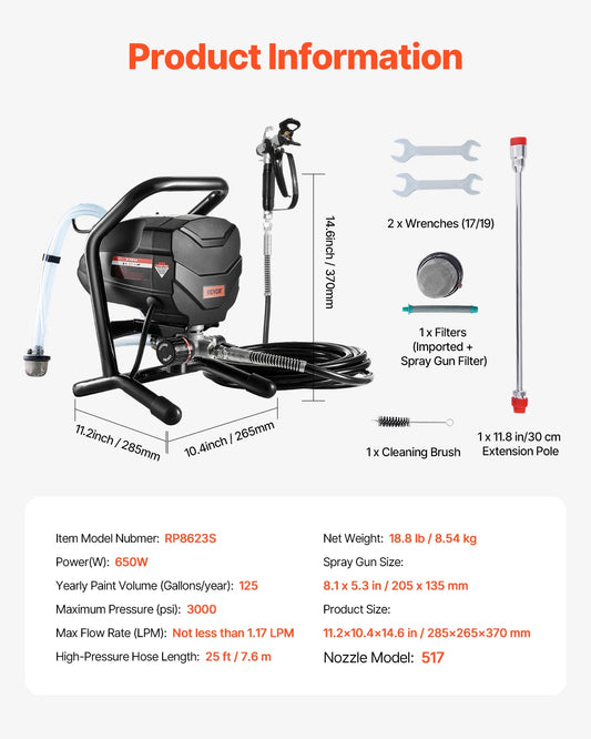 Stand Airless Paint Sprayer 650W High Efficiency 3000 PSI