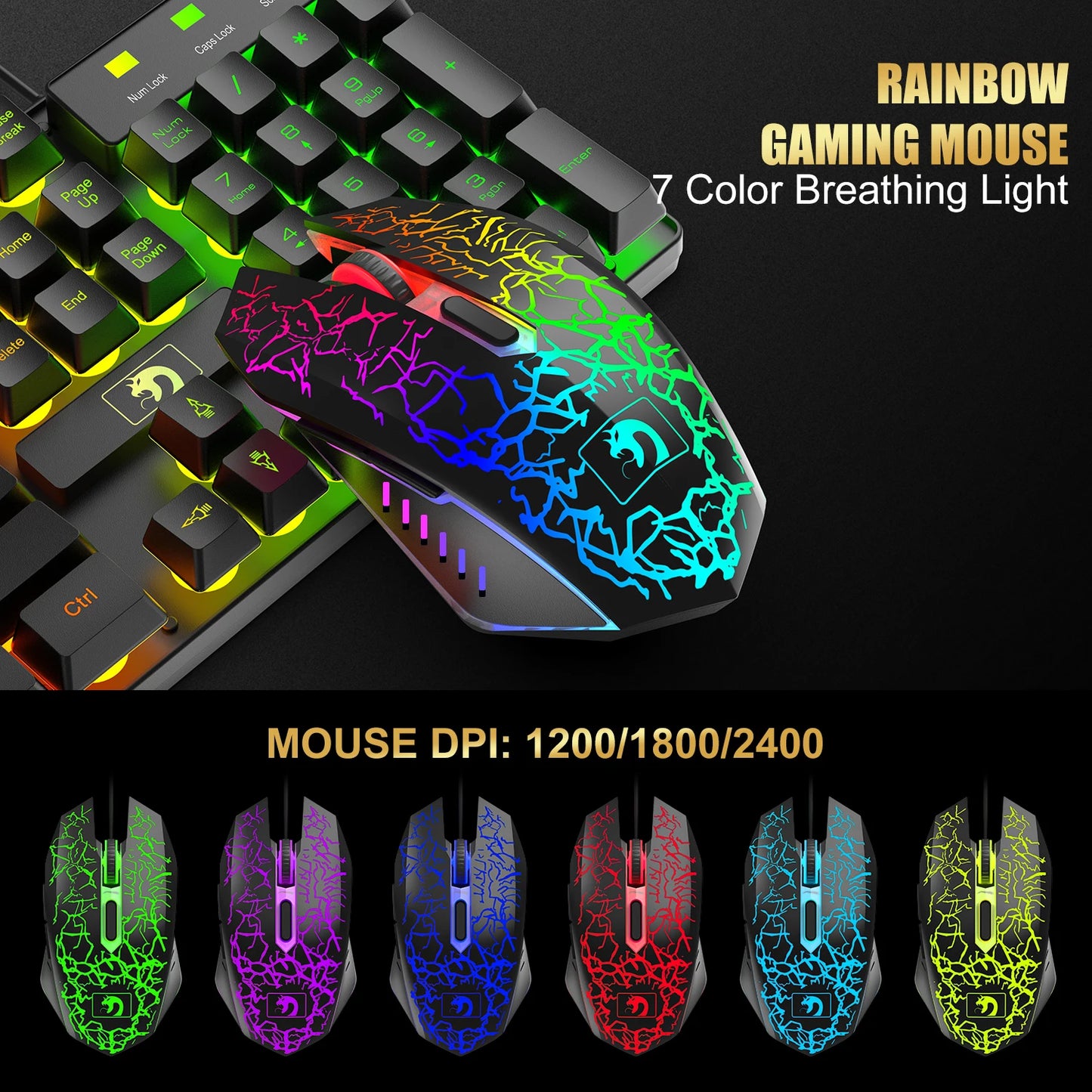 MANBASNAKE T11 Wired Gaming Keyboard and Mouse Headset Combo Rainbow LED Backlit
