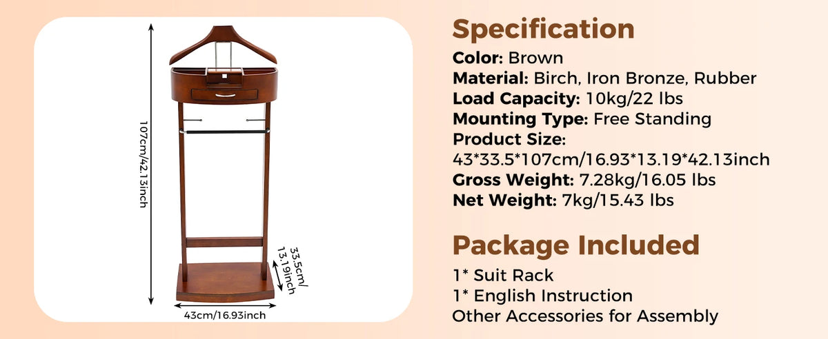 Wood Suit Rack, Freestanding Clothing Valet Stand Clothes Valet Suit Racks Mens Compact Wooden Clothing Valets Stand Rack Organi