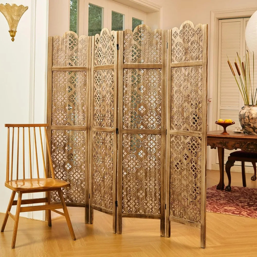 Folding Room Divider, 4 Panels Wood Carved Privacy Screens - Ideal Decorative Partition for Home, Office, Restaurant, B