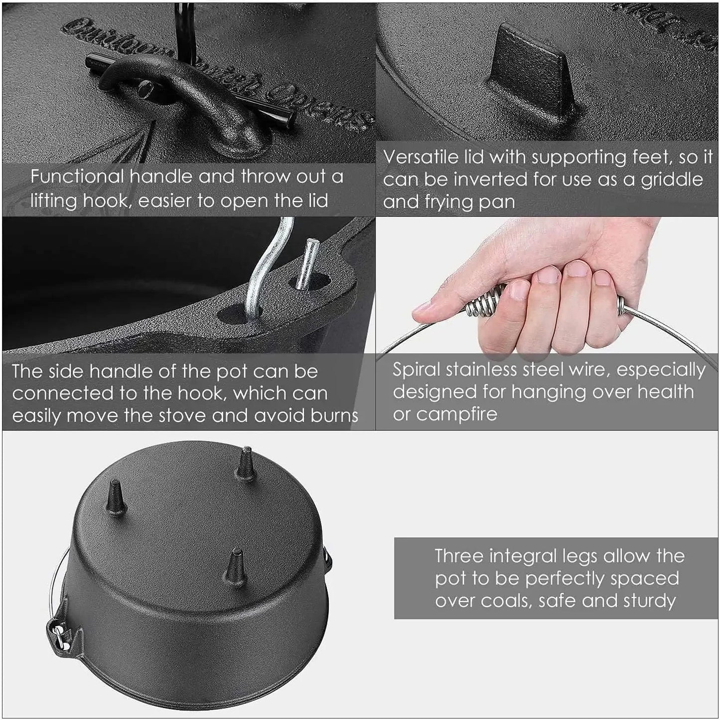 5/9/12.5 Quart Cast Iron Dutch Oven Camping Pot Outdoor Portable Multi-function Cookware Stew Barbecue Soup Picnic Pot