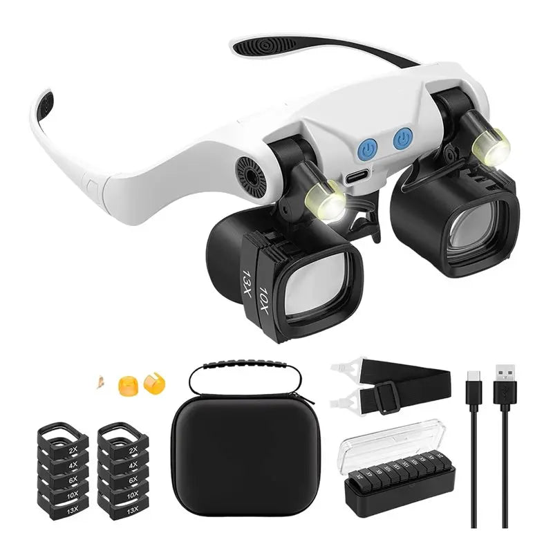 ABUP-Jewelers Magnifying Glass For Close Work, Glasses With Light& 5 Interchangeable Lens Pairs(2X 4X 6X 10X 13X), Includes Head