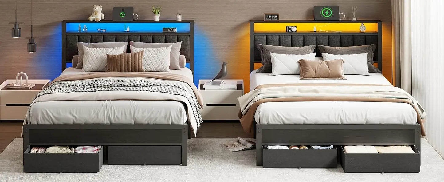Queen Bed Frame with Charging Station and LED Lights, Grey Upholstered Headboard with Shelves, Metal Platform Bed with 2 Under-Bed Storage (Fabric Drawer on Wheels), No Box Spring Needed
