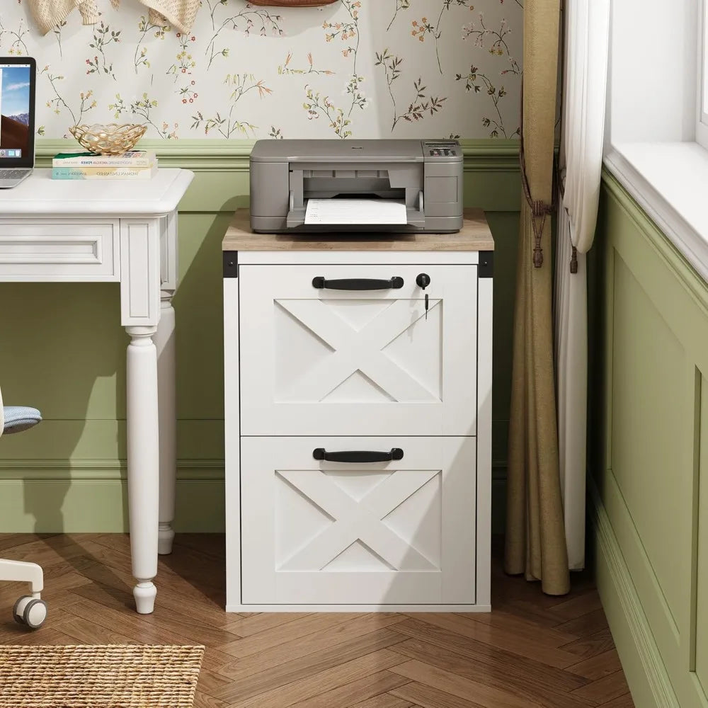 2 Drawer File Cabinet with Lock, Wood Farmhouse Filing Cabinet for Home Office, Printer Stand Fits Letter and A4 Size