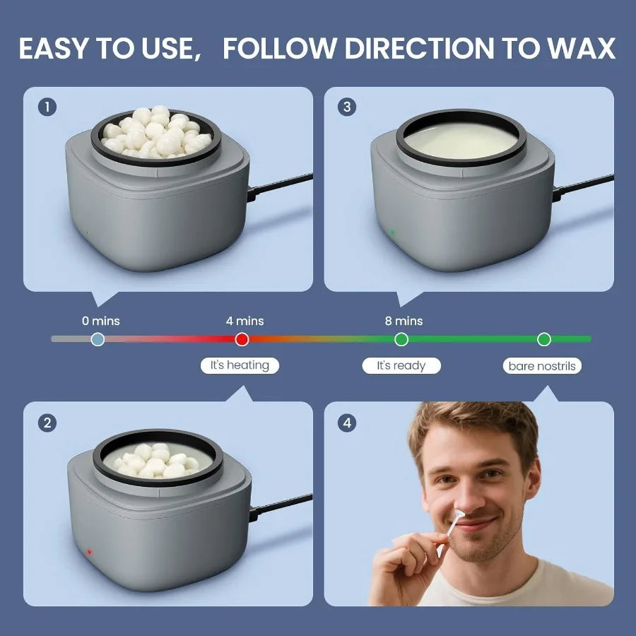 Nose Wax Kit Men Nose Ear Hair Waxing Kit with 100g Wax 40 Sticks Ear Hair Removal for Men USB Fast Heat Smart Constant Temp Up