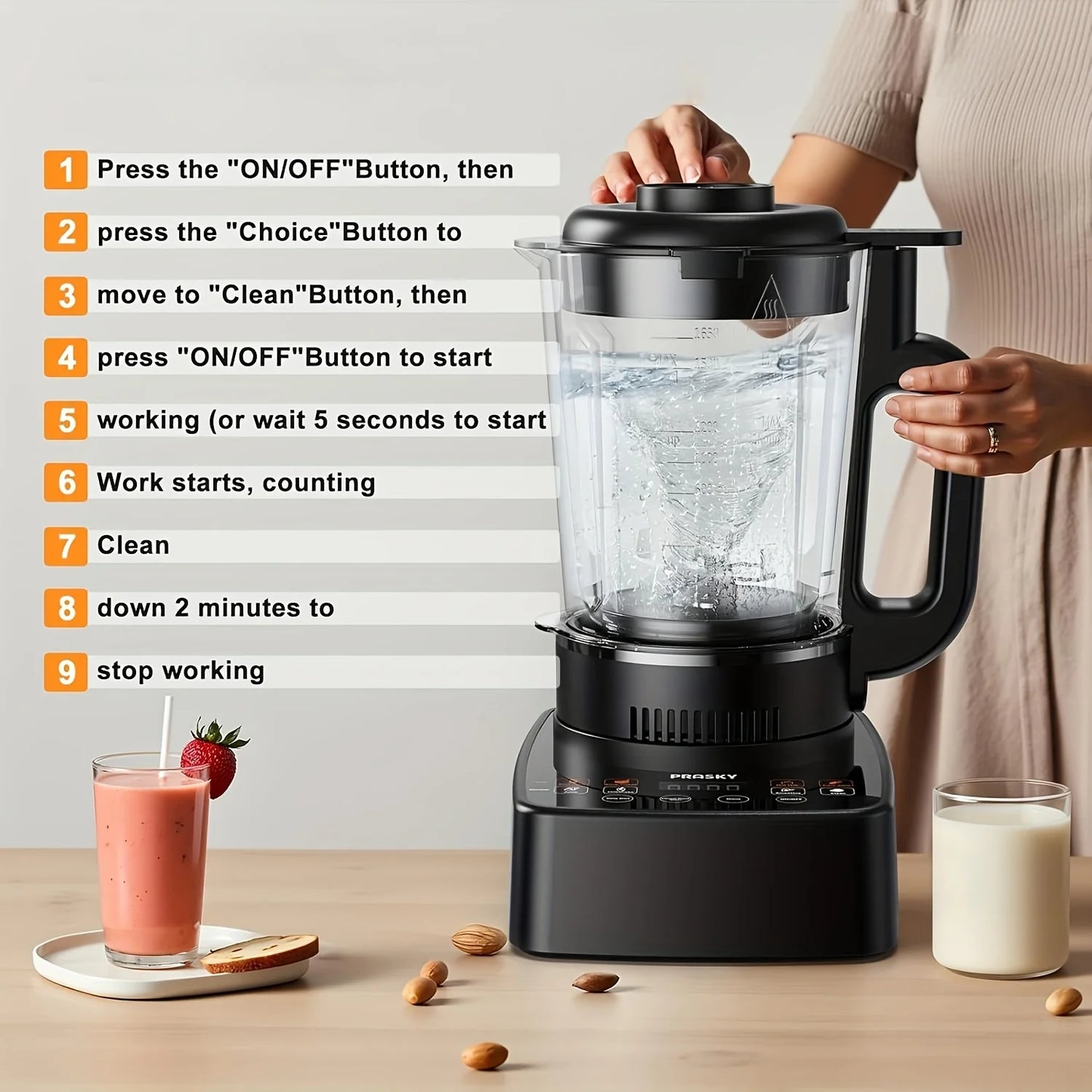PRASKY 2400W Heating Blender 25000 RPM Heavy Duty Auto Clean Professional Blender For Smoothies Soups 55oz Glass Jar&A To-Go Cup