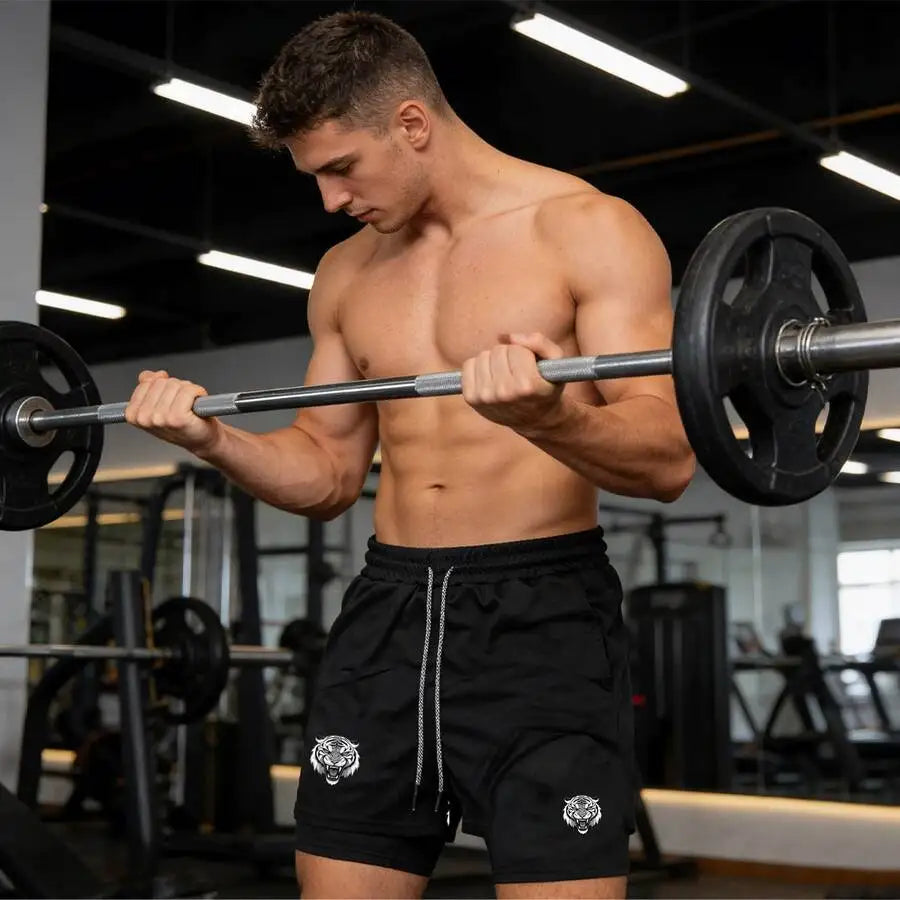 Mens Angry Tiger Graphic 2-In-1 Quick Dry Sports Shorts For Gym Running