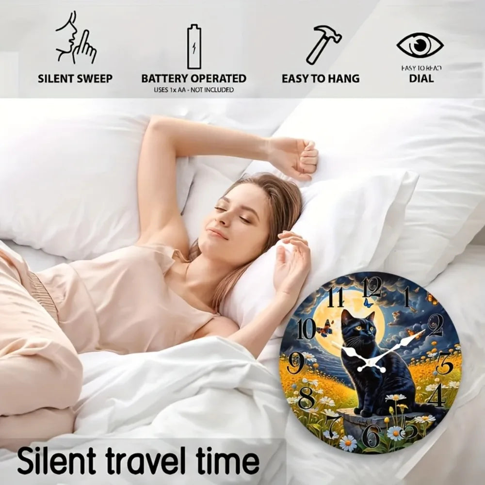 One Pack, Moon and Kitten Scene Silent Wall Clock, Suitable for Home Decor, Gift Giving, AA Battery
