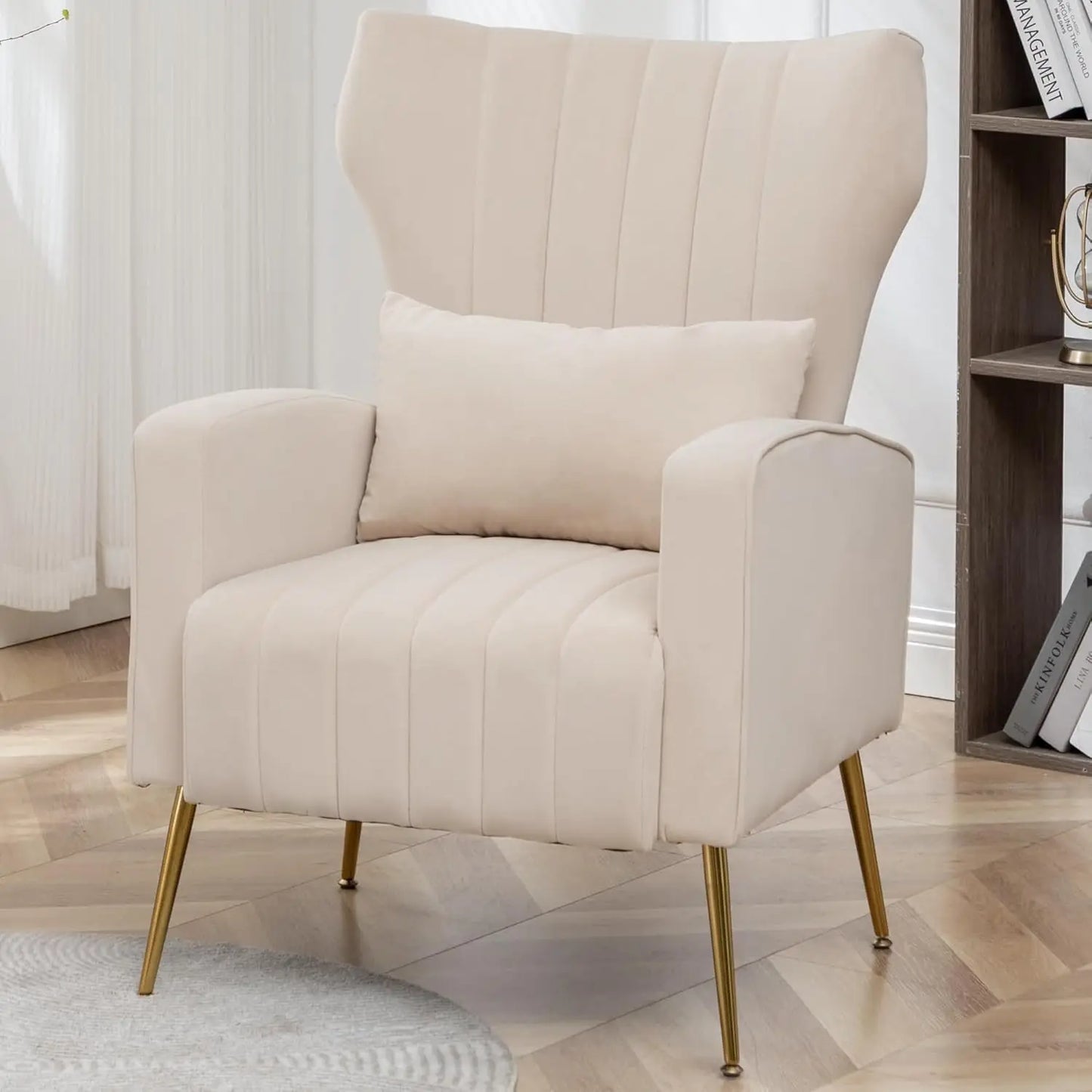 Beige Wingback Armchair Upholstered Reading Chair Bedroom Living Room Small Spaces with Pillow Customized