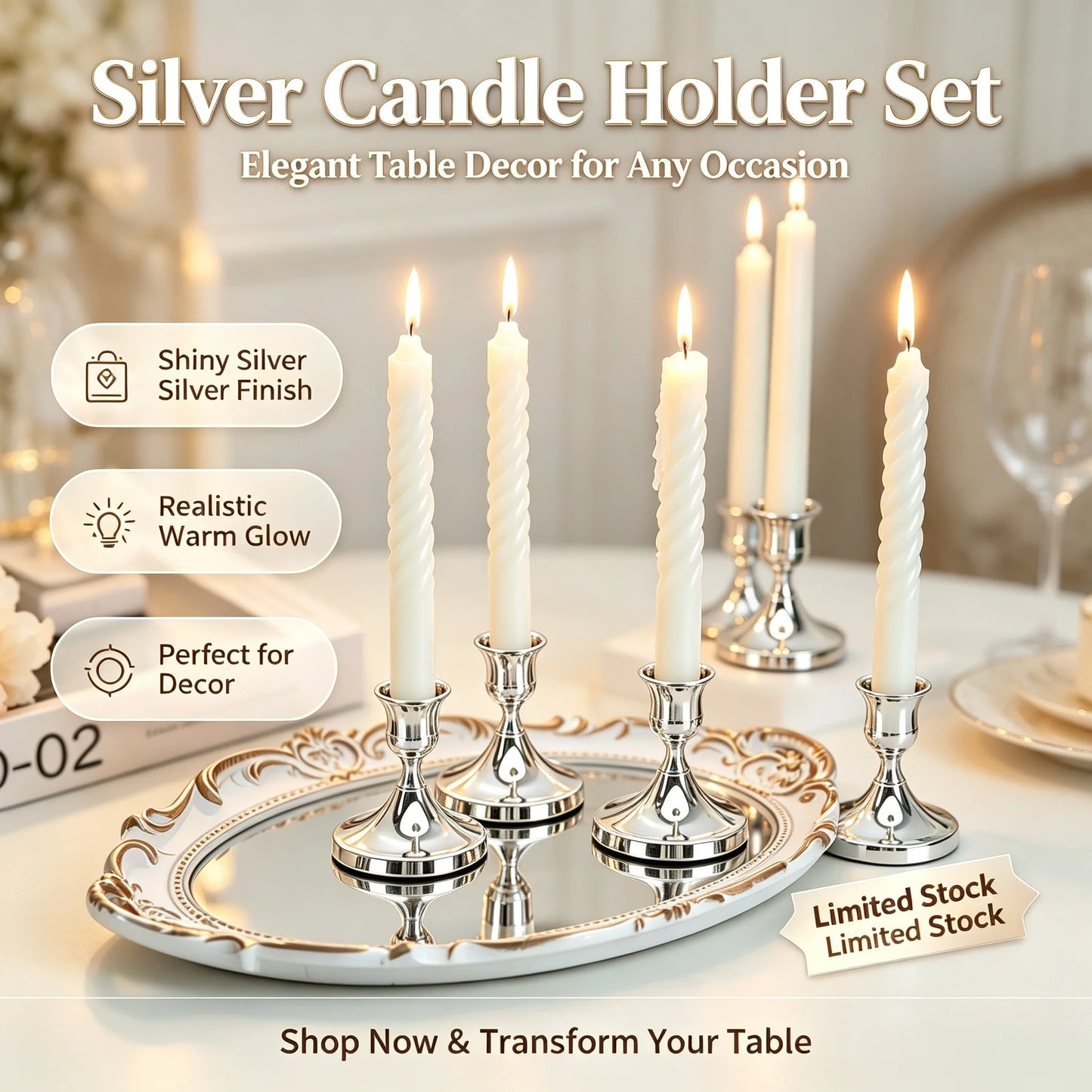 New Sliver Low Profile Candle Holder Sets Minimalist Pillar Candlestick in 3 Sizes Decorative Candle Stand for Table Centerpiece