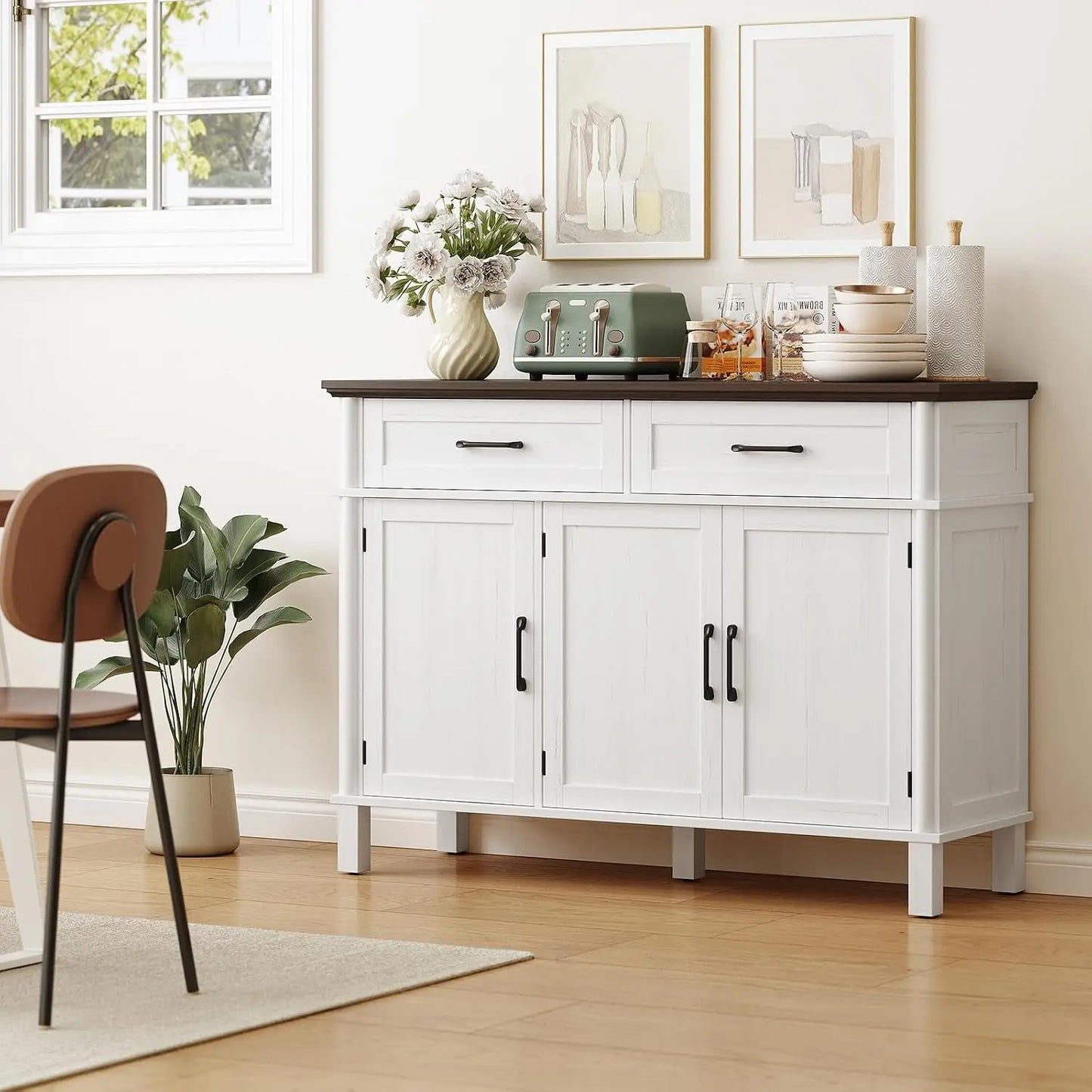 48 Inch Farmhouse Buffet Cabinet with 3 Doors & 2 Drawers, Wood Coffee Bar Storage Cabinet Adjustable Shelves for Kitchen Living Room