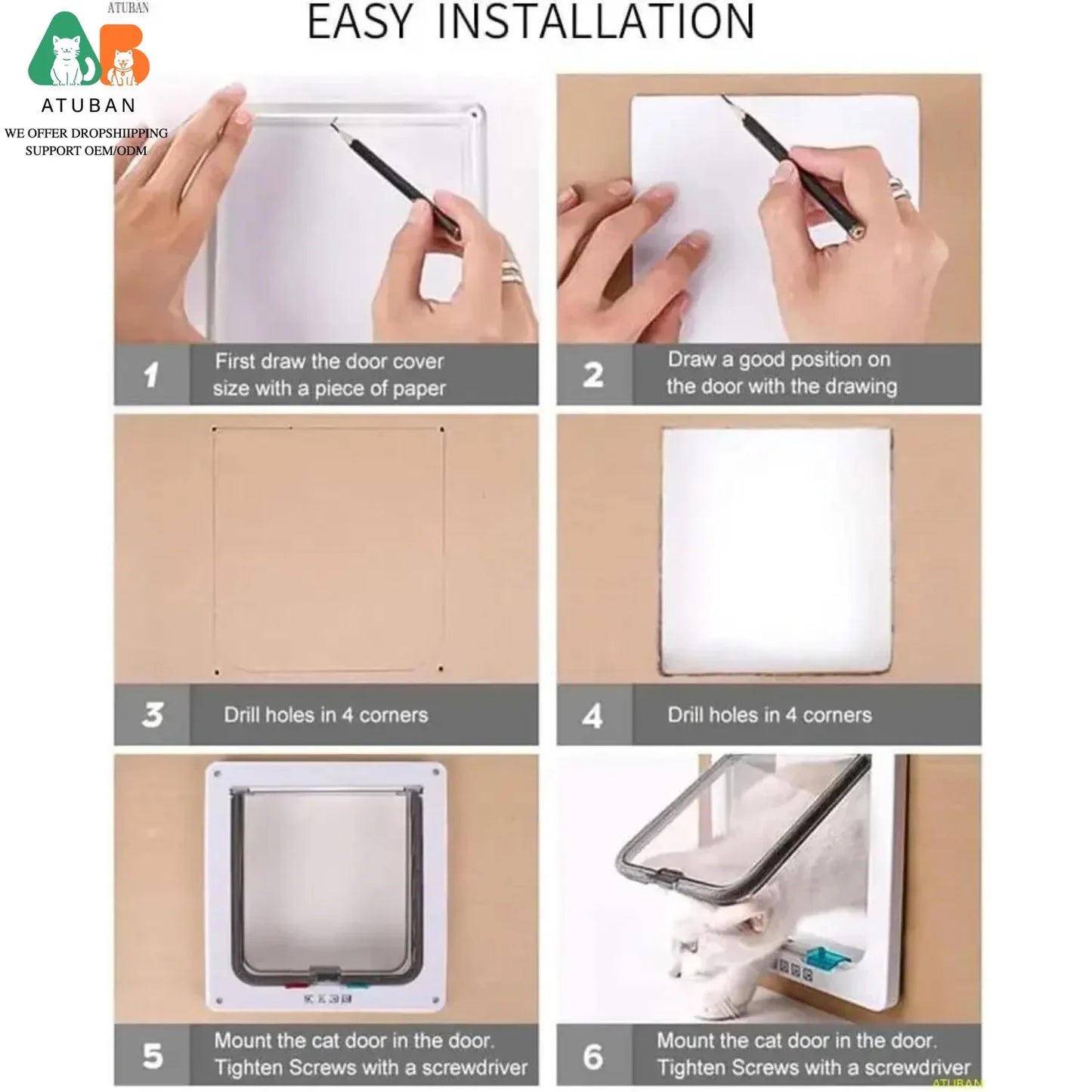 ATUBAN Large Cat Door Interior Door Pet Door for Cat Exterior Door 4 Modes Locking Suitable for Window and Wall,Strong Durable