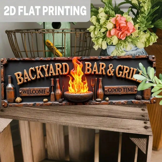 2D Flat, Rustic Backyard Bar & Grill Aluminum Wall Sign - Vintage  Metal Decor With Welcome Good Time