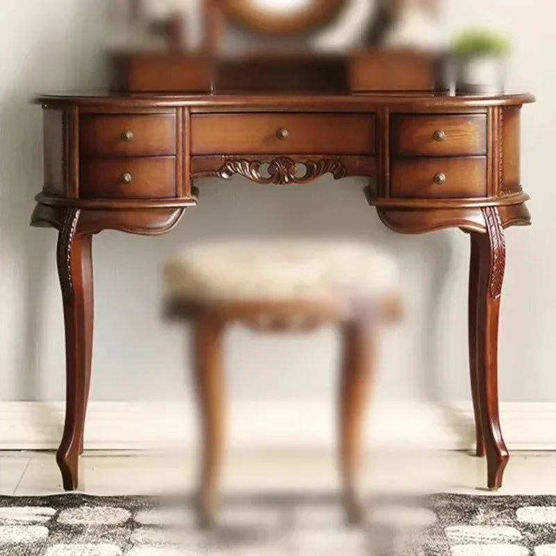 -European Solid Wood Mirror Table Bedroom Dresser Amercia Princess Furniture Dark Villa Luxury Carved Makeup Table Dressing Tabl