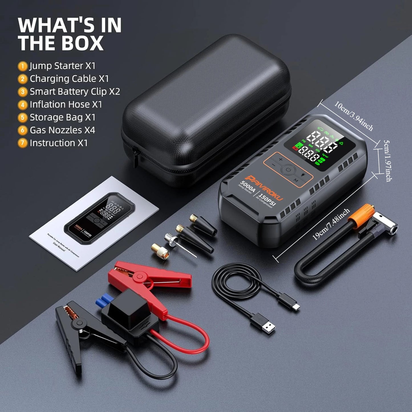 PAIVIROKU 5000A Car Jump Starter with Air Compressor 150PSI Air Pump  Auto Battery Booster Portable Power Bank Tire Inflator