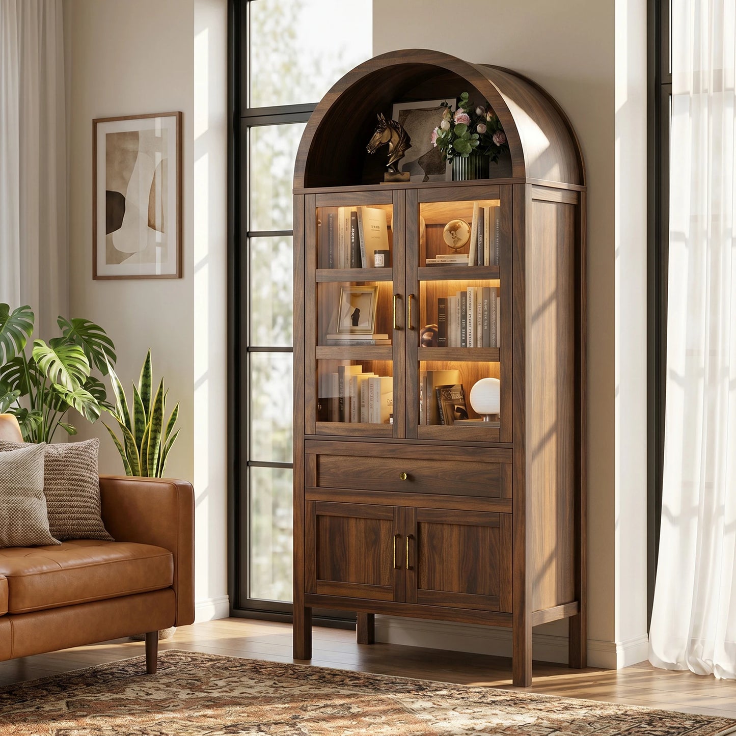 71 Inch Tall Full Wood Arched Storage Cabinet Adjustable Shelves Bookcase with Dimmable LED Lights for Living Room Bedroom