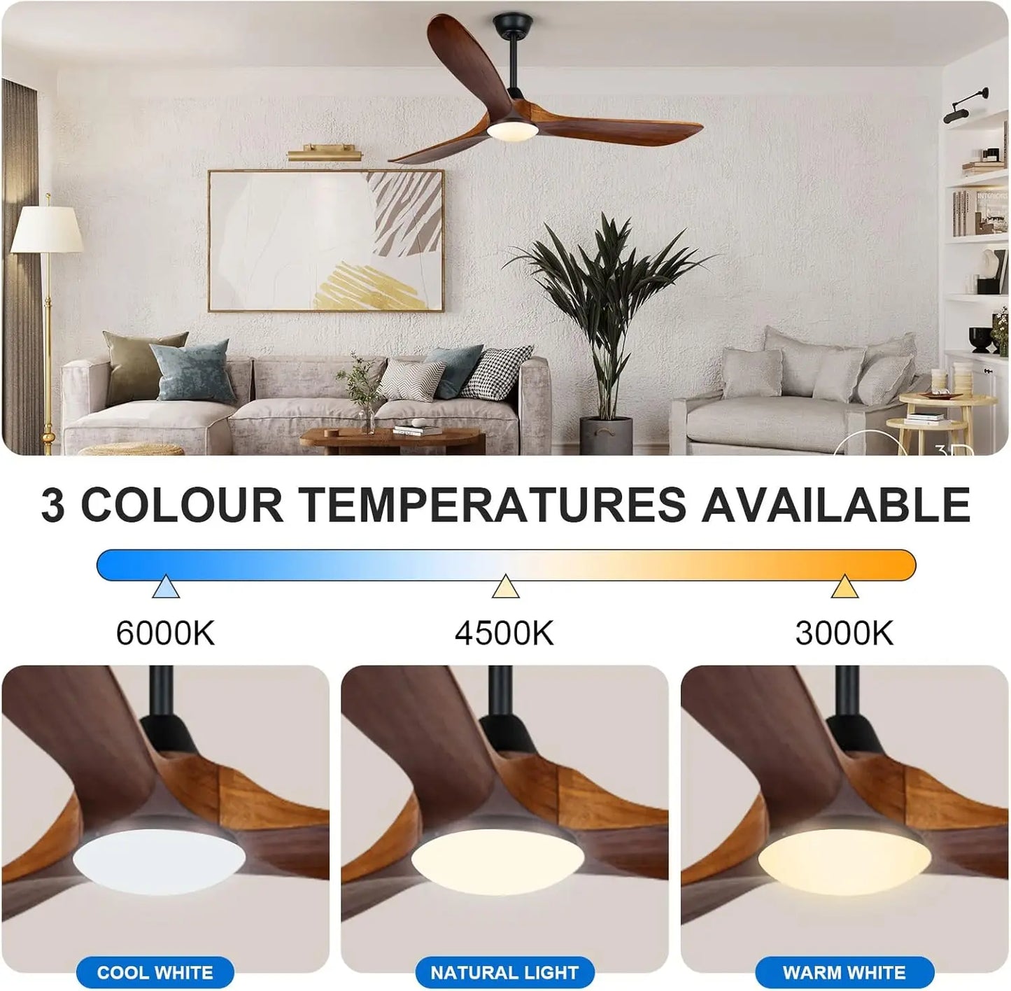 52/60/70-inch Ceiling Fan with Light and Remote 3 Wood Blades High CFM Dimmable LED Noiseless Reversible DC Fans for Bedroom