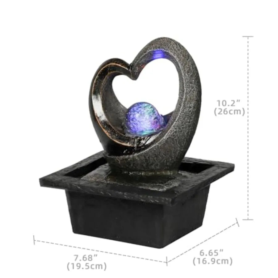Tabletop Water Fountain Zen Meditation Indoor Waterfall Fountain Heart Shape Decoration with LED Light for Home Office Bedroom